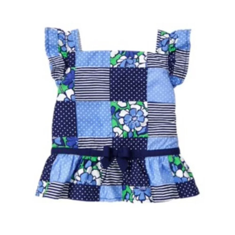 Gymboree Baby Girls Spring Prep Patchwork Blue Floral Ruffle Hem Top 12–18M